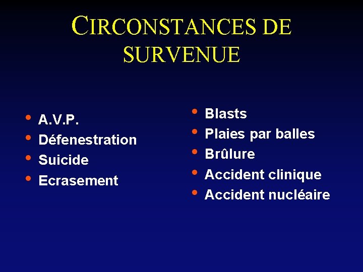 CIRCONSTANCES DE SURVENUE • • A. V. P. Défenestration Suicide Ecrasement • • •