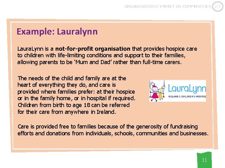 ORGANISATIONS’ IMPACT ON COMMUNITIES Example: Lauralynn Laura. Lynn is a not-for-profit organisation that provides