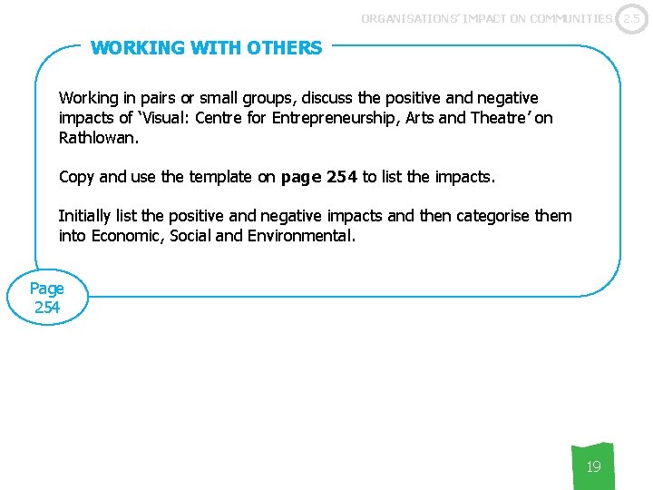 ORGANISATIONS’ IMPACT ON COMMUNITIES WORKING WITH OTHERS Working in pairs or small groups, discuss