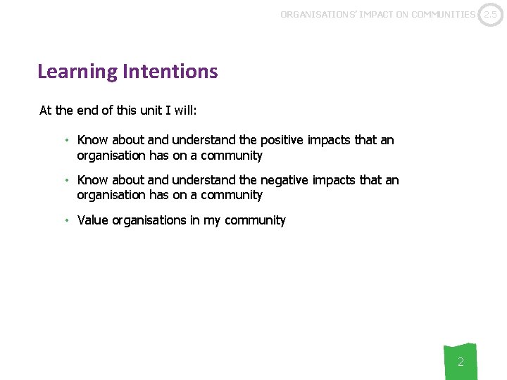 ORGANISATIONS’ IMPACT ON COMMUNITIES Learning Intentions At the end of this unit I will: