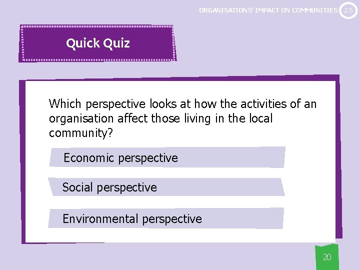 ORGANISATIONS’ IMPACT ON COMMUNITIES Quick Quiz Which perspective looks at how the activities of