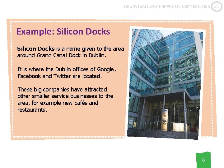 ORGANISATIONS’ IMPACT ON COMMUNITIES Example: Silicon Docks is a name given to the area