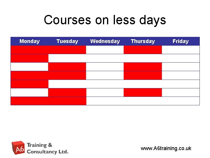 Courses on less days Monday Tuesday Wednesday Thursday Friday www. A 6 training. co.