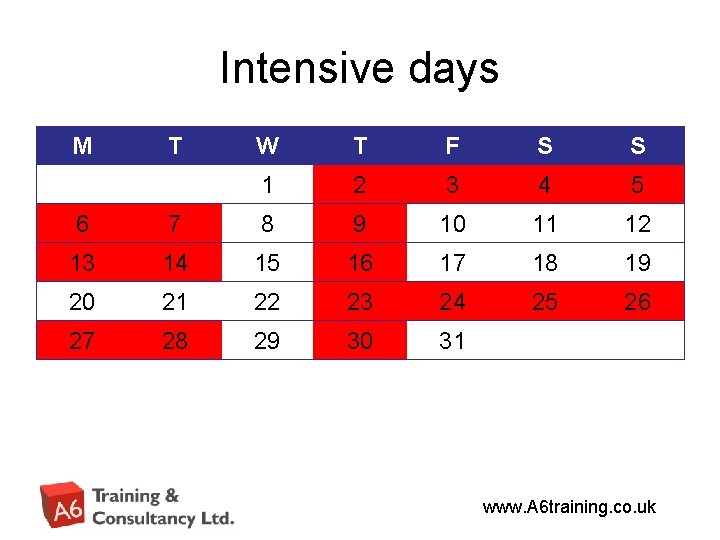 Intensive days M T W T F S S 1 2 3 4 5