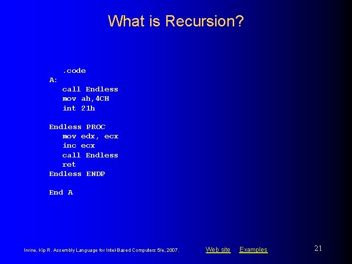What is Recursion? . code A: call Endless mov ah, 4 CH int 21