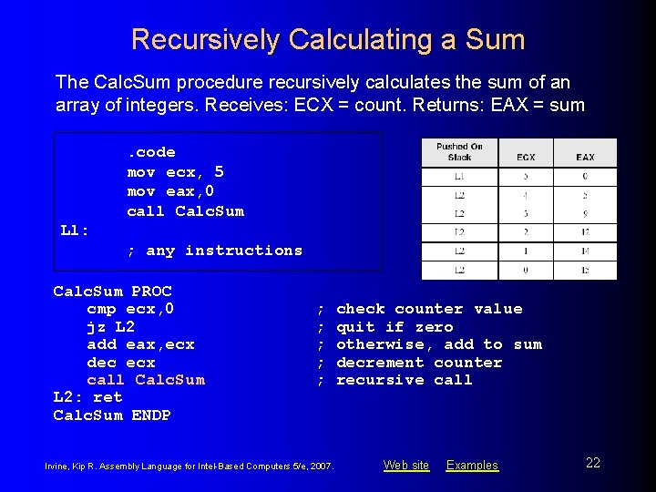 Recursively Calculating a Sum The Calc. Sum procedure recursively calculates the sum of an