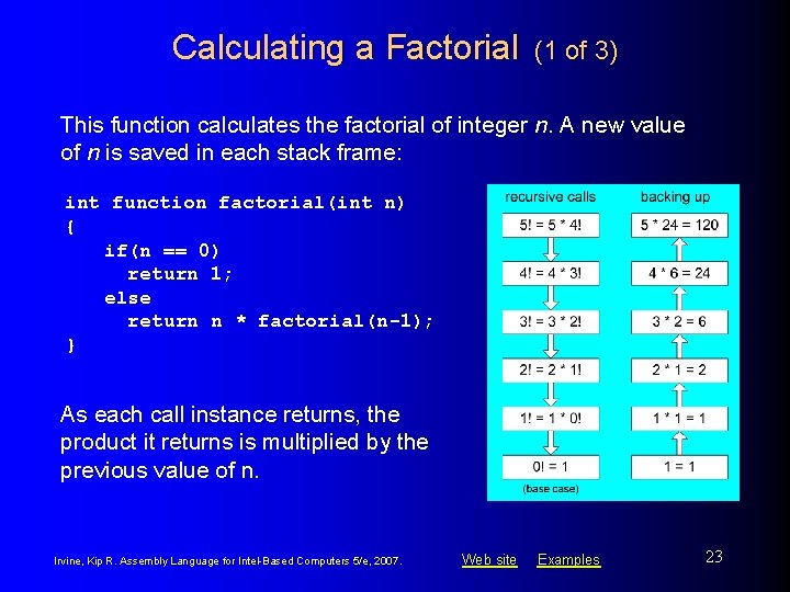 Calculating a Factorial (1 of 3) This function calculates the factorial of integer n.