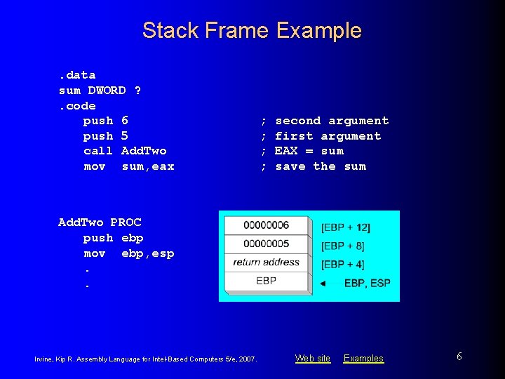 Stack Frame Example. data sum DWORD ? . code push 6 push 5 call