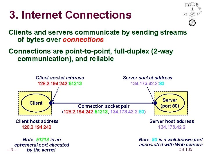 3. Internet Connections Clients and servers communicate by sending streams of bytes over connections