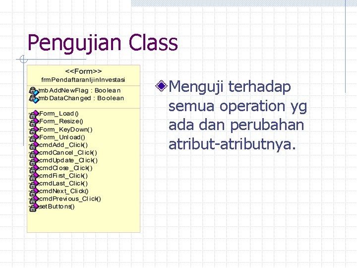 Pengujian Class Menguji terhadap semua operation yg ada dan perubahan atribut-atributnya. 