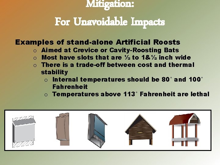 Mitigation: For Unavoidable Impacts Examples of stand-alone Artificial Roosts o Aimed at Crevice or