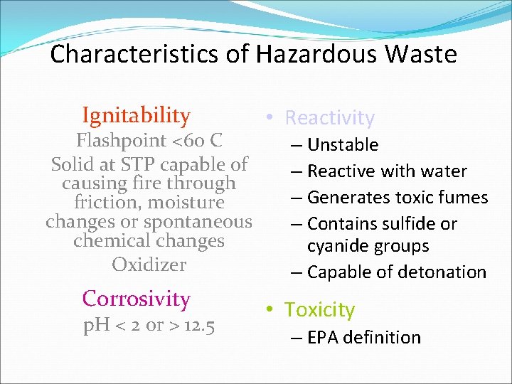 Characteristics of Hazardous Waste Ignitability Flashpoint <60 C Solid at STP capable of causing