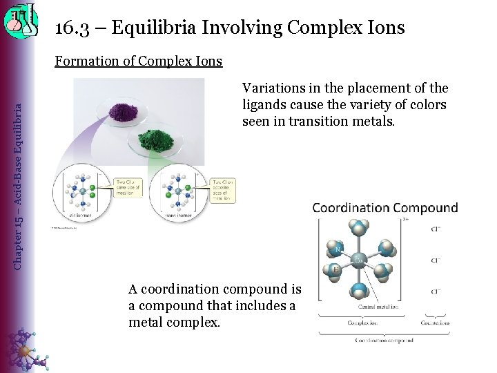 16. 3 – Equilibria Involving Complex Ions Chapter 15 – Acid-Base Equilibria Formation of
