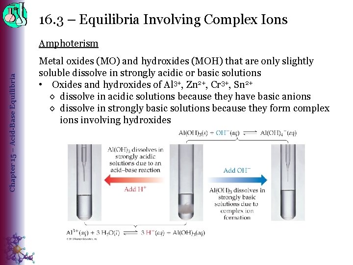 16. 3 – Equilibria Involving Complex Ions Chapter 15 – Acid-Base Equilibria Amphoterism Metal