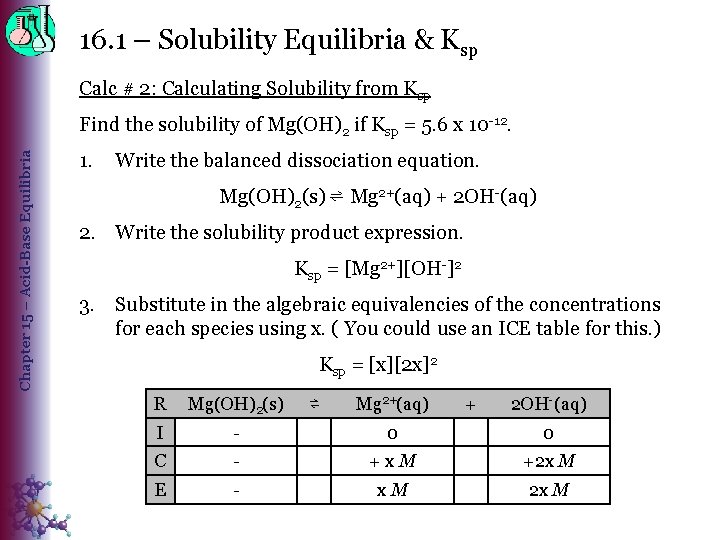 16. 1 – Solubility Equilibria & Ksp Calc # 2: Calculating Solubility from Ksp
