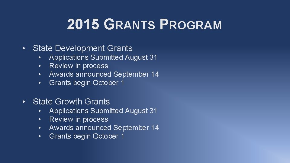 2015 GRANTS PROGRAM • State Development Grants • • Applications Submitted August 31 Review