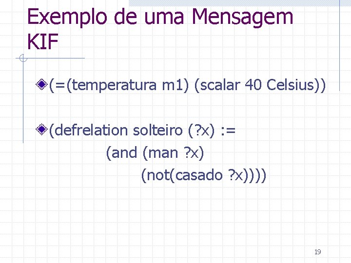 Exemplo de uma Mensagem KIF (=(temperatura m 1) (scalar 40 Celsius)) (defrelation solteiro (?
