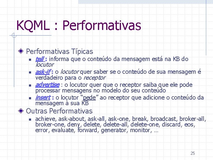 KQML : Performativas Típicas n n tell : informa que o conteúdo da mensagem