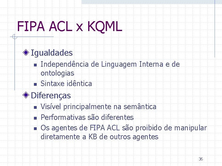FIPA ACL x KQML Igualdades n n Independência de Linguagem Interna e de ontologias