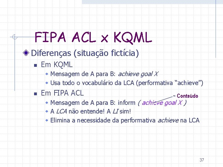 FIPA ACL x KQML Diferenças (situação fictícia) n Em KQML w Mensagem de A