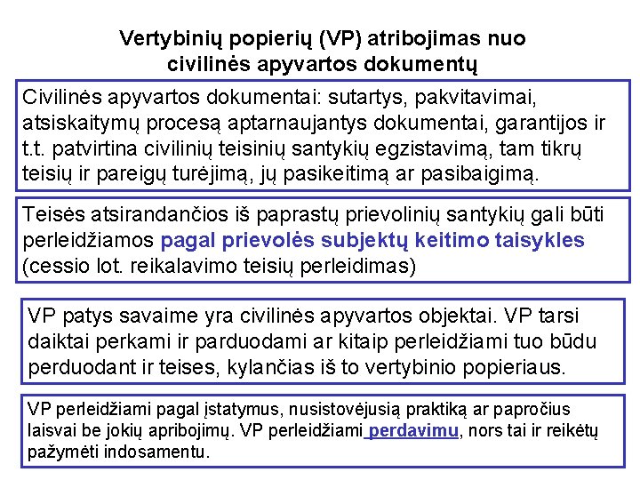 Vertybinių popierių (VP) atribojimas nuo civilinės apyvartos dokumentų Civilinės apyvartos dokumentai: sutartys, pakvitavimai, atsiskaitymų