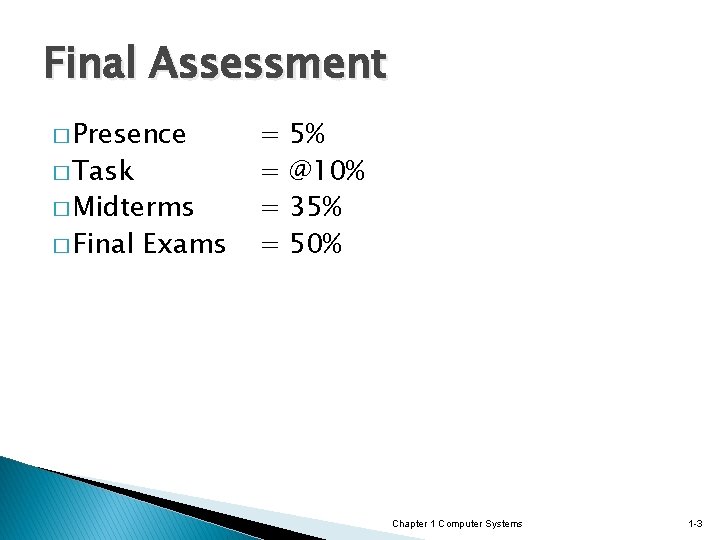 Final Assessment � Presence � Task � Midterms � Final Exams = = 5%