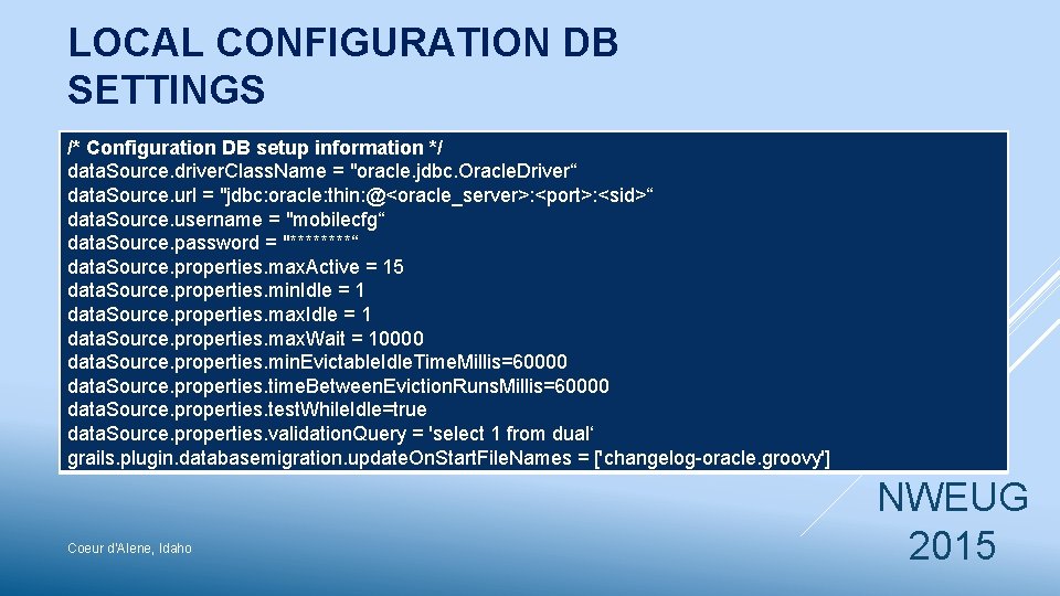 LOCAL CONFIGURATION DB SETTINGS /* Configuration DB setup information */ data. Source. driver. Class.