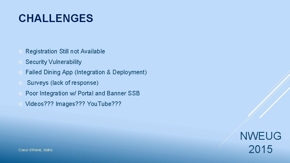 CHALLENGES Registration Still not Available Security Vulnerability Failed Dining App (Integration & Deployment) Surveys