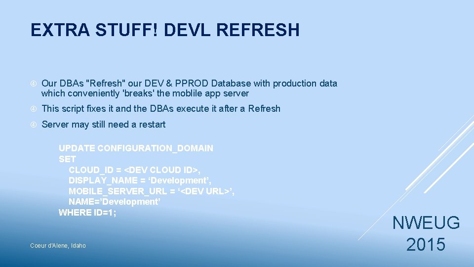 EXTRA STUFF! DEVL REFRESH Our DBAs "Refresh" our DEV & PPROD Database with production