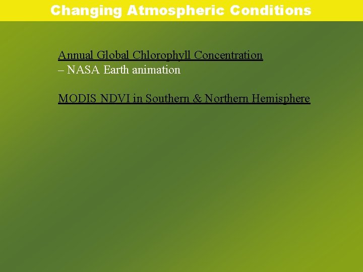 Changing Atmospheric Conditions Annual Global Chlorophyll Concentration – NASA Earth animation MODIS NDVI in