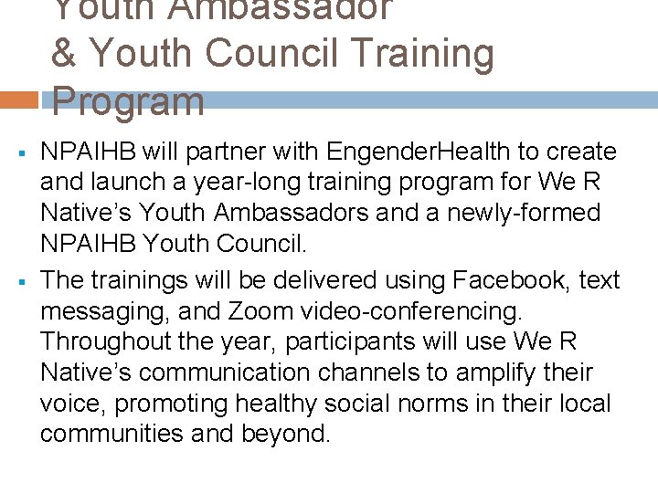 Youth Ambassador & Youth Council Training Program § § NPAIHB will partner with Engender.