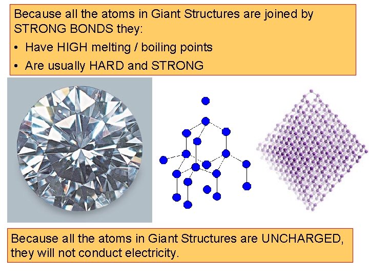 Because all the atoms in Giant Structures are joined by STRONG BONDS they: • Because all the atoms in Giant Structures are joined by STRONG BONDS they: •