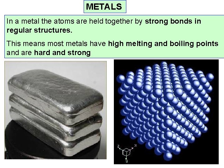 METALS In a metal the atoms are held together by strong bonds in regular METALS In a metal the atoms are held together by strong bonds in regular