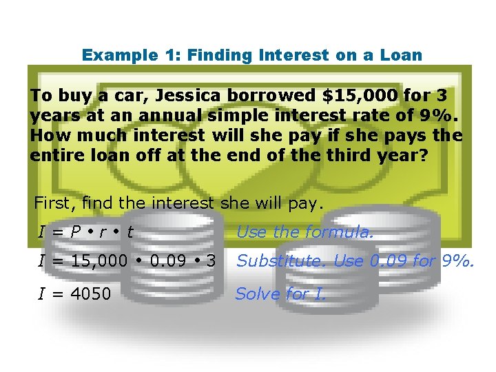 Example 1: Finding Interest on a Loan To buy a car, Jessica borrowed $15,