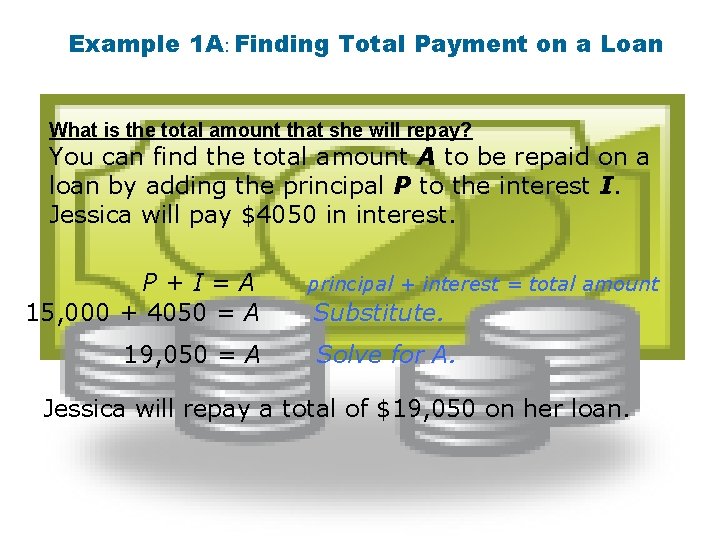 Example 1 A: Finding Total Payment on a Loan What is the total amount