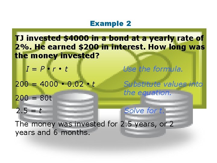 Example 2 TJ invested $4000 in a bond at a yearly rate of 2%.