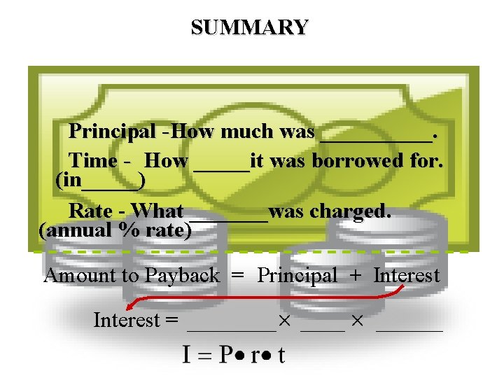 SUMMARY Principal -How much was _____. Time - How _____it was borrowed for. (in_____)