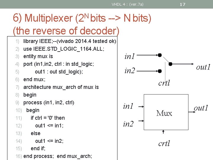 17 VHDL 4 : (ver. 7 a) 6) Multiplexer (2 N bits --> N