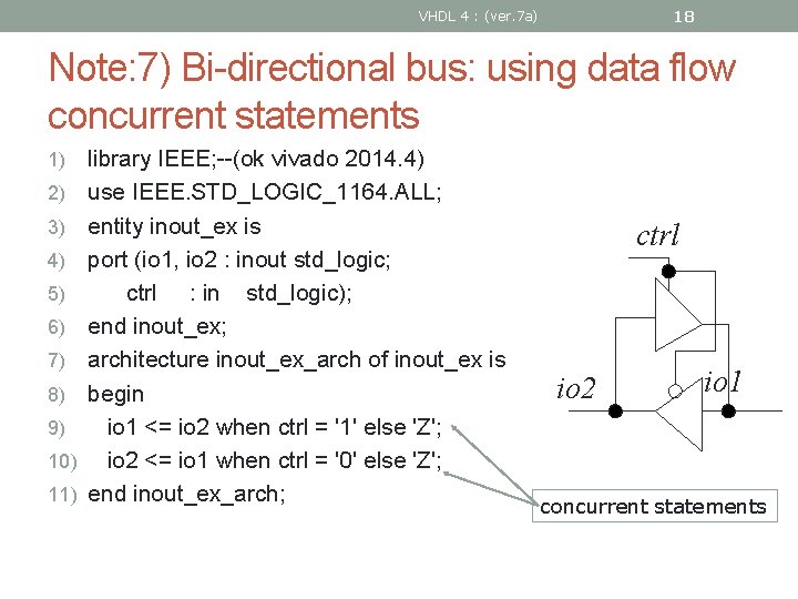 18 VHDL 4 : (ver. 7 a) Note: 7) Bi-directional bus: using data flow