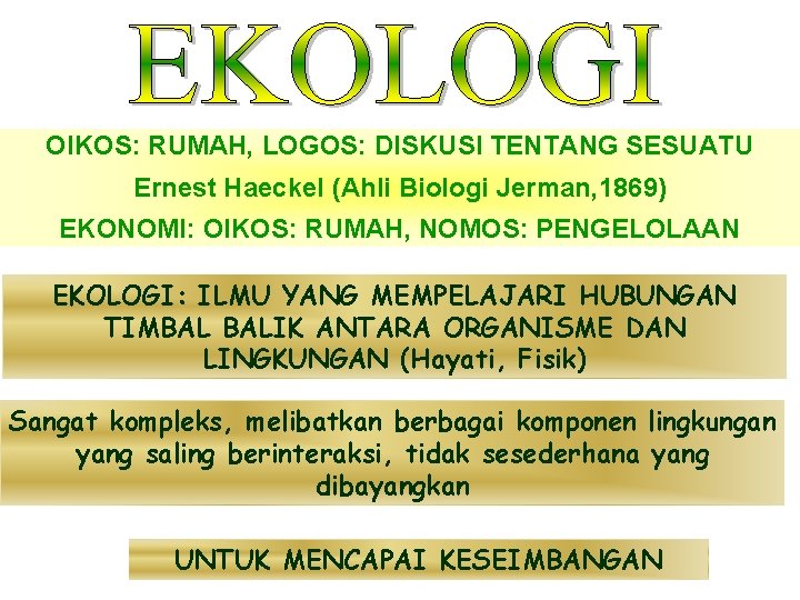 OIKOS: RUMAH, LOGOS: DISKUSI TENTANG SESUATU Ernest Haeckel (Ahli Biologi Jerman, 1869) EKONOMI: OIKOS: