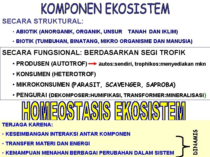 SECARA STRUKTURAL: • ABIOTIK (ANORGANIK, UNSUR TANAH DAN IKLIM) • BIOTIK (TUMBUHAN, BINATANG, MIKRO