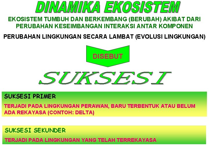 EKOSISTEM TUMBUH DAN BERKEMBANG (BERUBAH) AKIBAT DARI PERUBAHAN KESEIMBANGAN INTERAKSI ANTAR KOMPONEN PERUBAHAN LINGKUNGAN