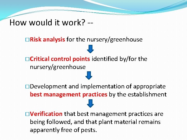 How would it work? -� Risk analysis for the nursery/greenhouse � Critical control points