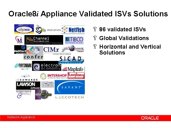 Oracle 8 i Appliance Validated ISVs Solutions Ÿ 86 validated ISVs Ÿ Global Validations