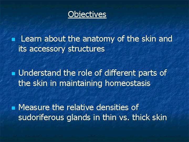 Objectives n n n Learn about the anatomy of the skin and its accessory
