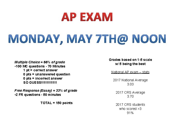 AP EXAM Multiple Choice = 66% of grade • 100 MC questions - 70