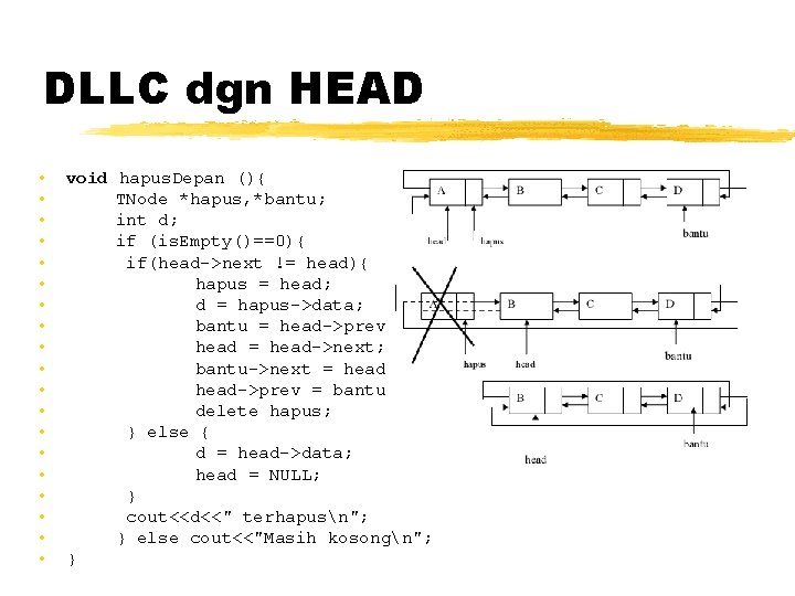 DLLC dgn HEAD • • • • • void hapus. Depan (){ TNode *hapus,