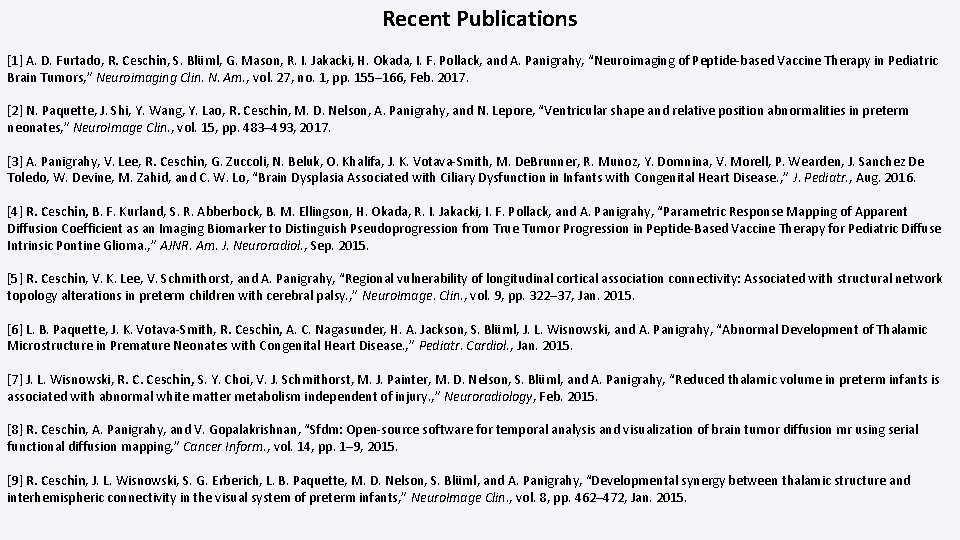 Recent Publications [1] A. D. Furtado, R. Ceschin, S. Blüml, G. Mason, R. I.
