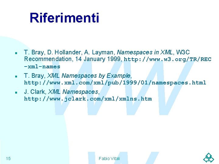 Riferimenti n n n 15 WW T. Bray, D. Hollander, A. Layman, Namespaces in