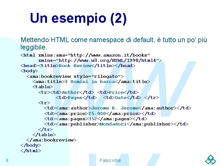 Un esempio (2) Mettendo HTML come namespace di default, è tutto un po’ più